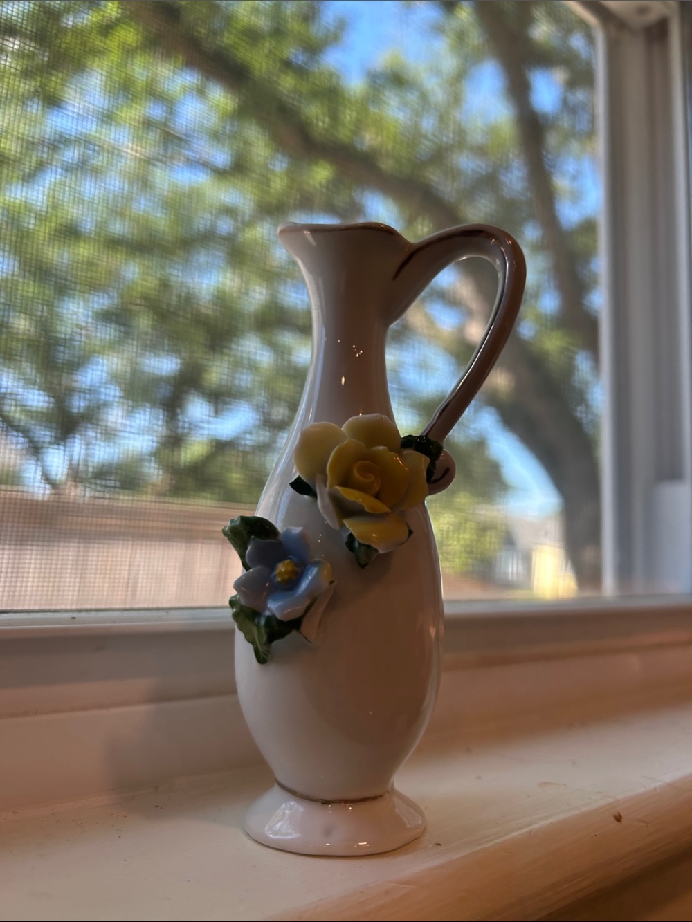 Vintage White Porcelain Bud Vase with Yellow and Blue Floral Appliqués